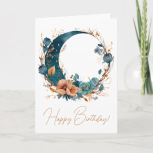 Create Your Own Boho Teal & Peach Floral Moon Holiday Card