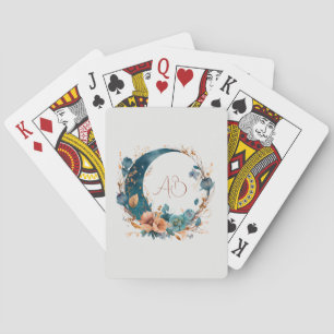 Create Your Own Boho Teal & Peach Floral Moon Playing Cards