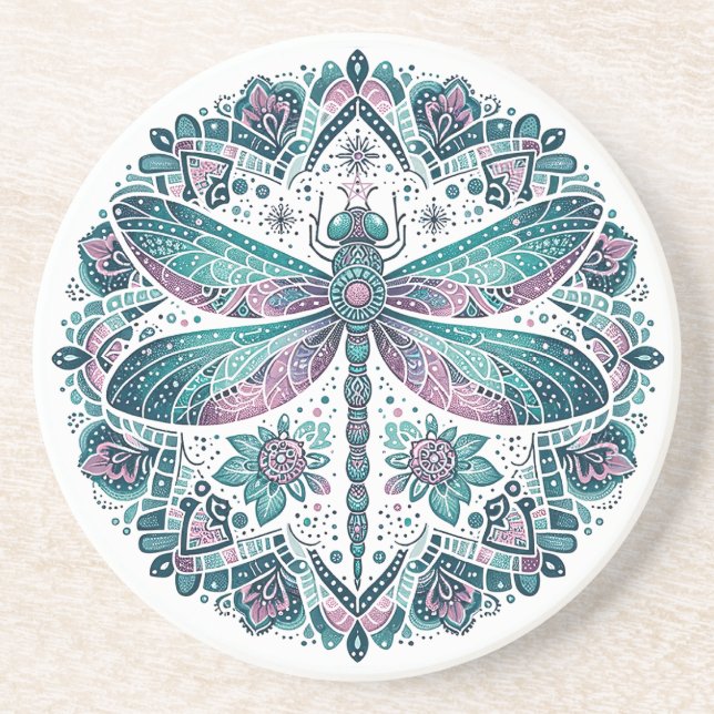 Create Your Own Boho Totemic Dragonfly Mandala Coaster (Front)
