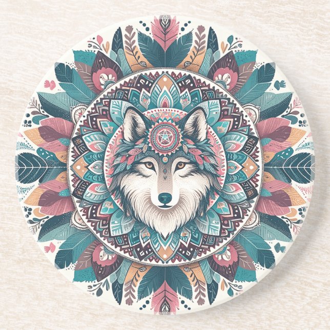Create Your Own Boho Totemic Wolf Mandala Coaster (Front)