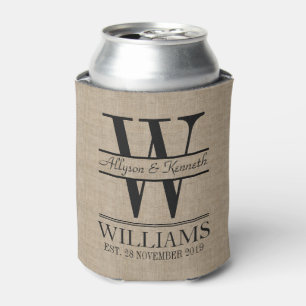 Create Your Own Burlap Logo Anniversary Monogram Can Cooler