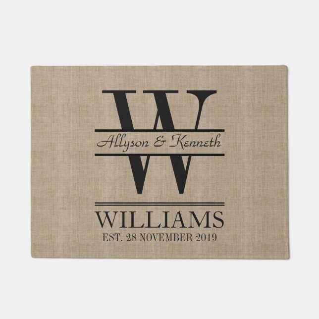 Create Your Own Burlap Logo Anniversary Monogram Doormat (Front)