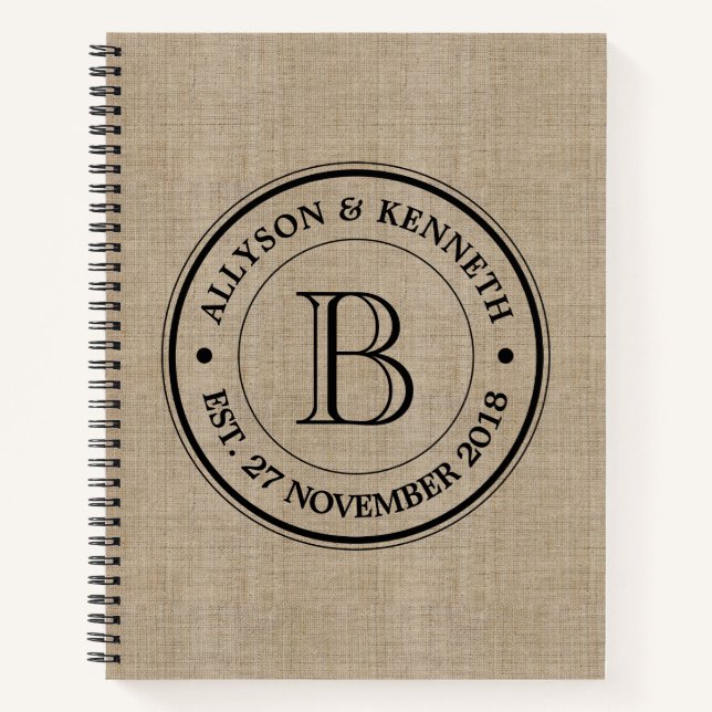 Create Your Own Burlap Logo Anniversary Monogram Notebook (Front)