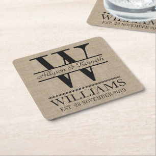 Create Your Own Burlap Logo Anniversary Monogram Square Paper Coaster