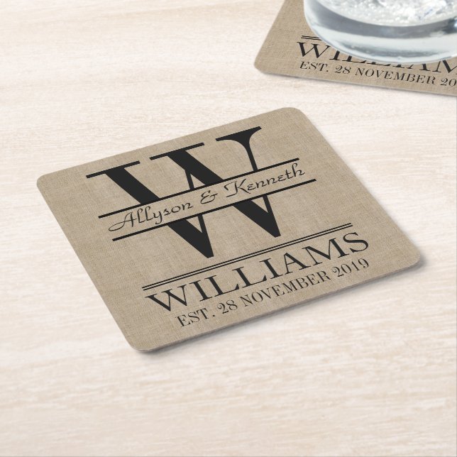 Create Your Own Burlap Logo Anniversary Monogram Square Paper Coaster (Angled)