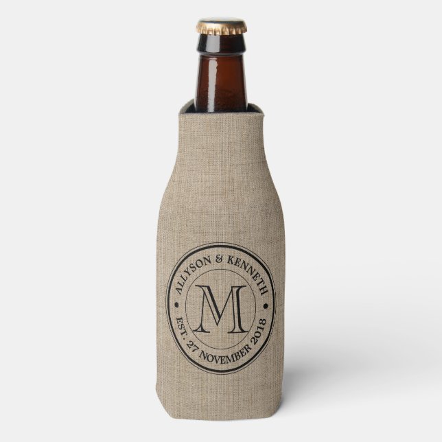 Create Your Own Burlap Retro Logo Monogram Bottle Cooler (Bottle Front)