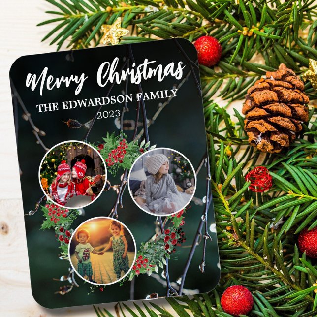 Create your own christmas family photo collage magnet (Merry Christmas, photo collage, winter foliage personalized Holiday card.)