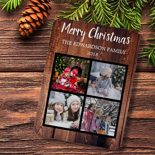 Create your own christmas family photo collage magnet (Merry Christmas family photo collage, rustic magnetic card.)