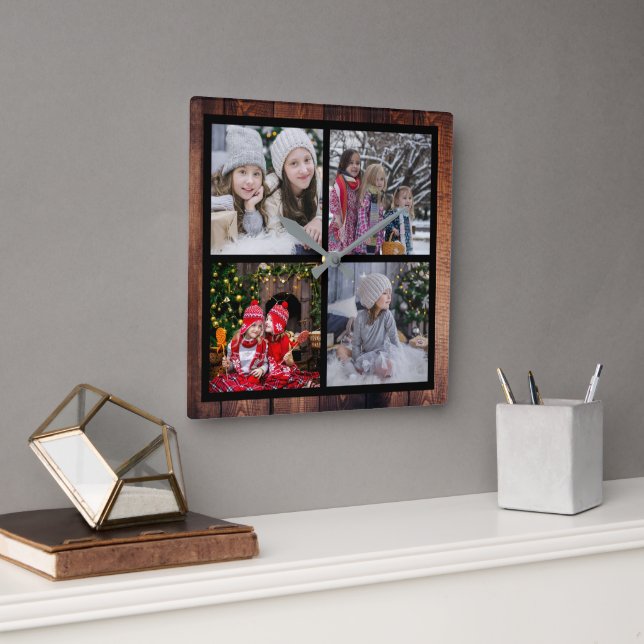 Create your own Christmas family photo collage Square Wall Clock (Office)
