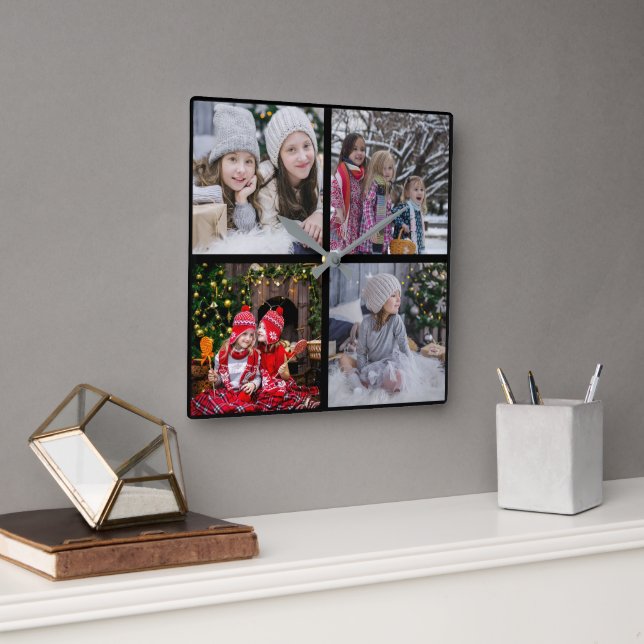 Create your own Christmas family photo collage Square Wall Clock (Office)