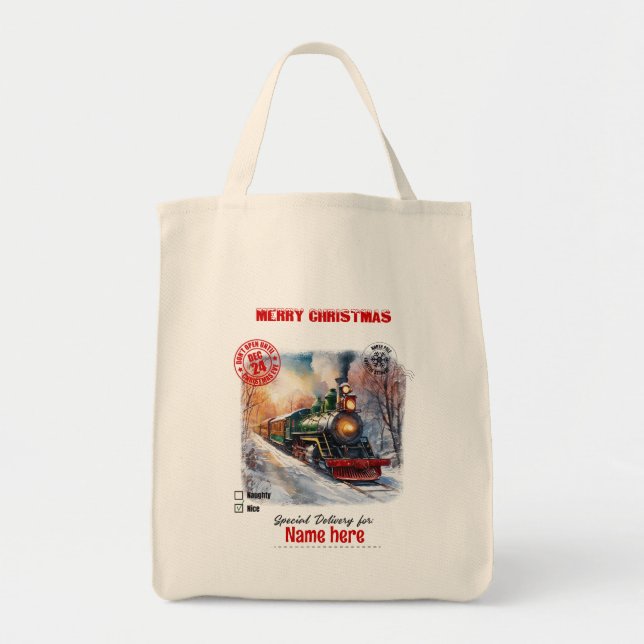 Create Your Own Christmas Train Gift Sack Tote Bag (Front)