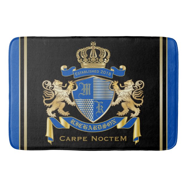 Create Your Own Coat of Arms Blue Gold Lion Emblem Bath Mat (Front)