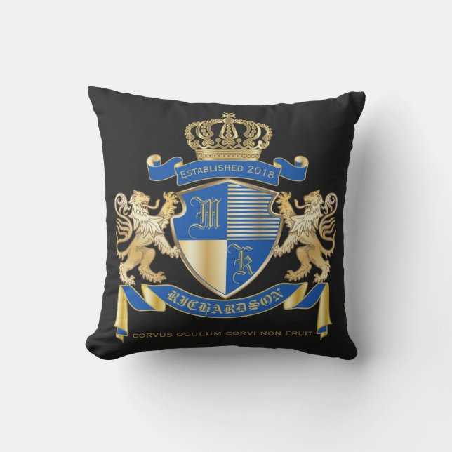 Create Your Own Coat of Arms Blue Gold Lion Emblem Outdoor Cushion (Front)