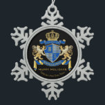 Create Your Own Coat of Arms Blue Gold Lion Emblem Snowflake Pewter Christmas Ornament<br><div class="desc">Create your very own aristocratic Coat of Arms, Emblem, Insignia or Family Crest with this beautiful, classic escutcheon or shield design. Cobalt Blue patterns decorate a shield topped with golden crown and flanked by mediaeval heraldic lion or griffin. A matching top banner holds your custom wedding date / birth date...</div>