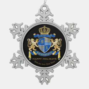 Create Your Own Coat of Arms Blue Gold Lion Emblem Snowflake Pewter Christmas Ornament