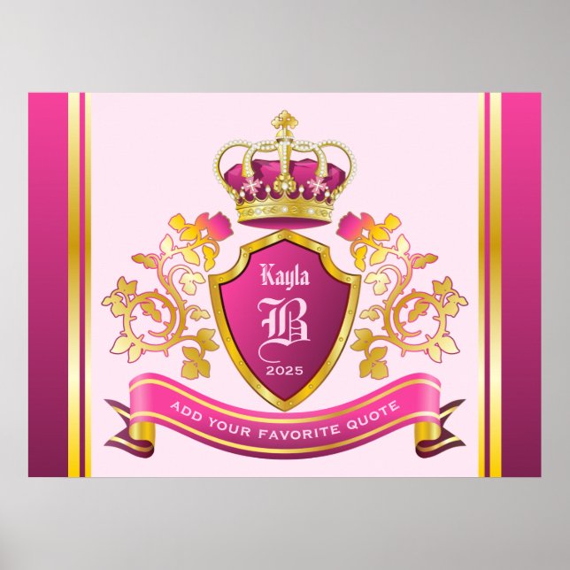 Create Your Own Coat of Arms Pink Gold Crown Pearl Poster (Front)