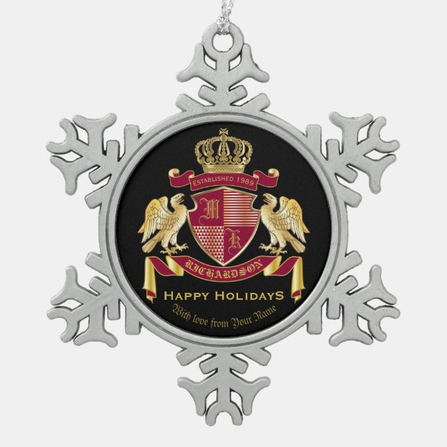 Create Your Own Coat of Arms Red Gold Eagle Emblem Snowflake Pewter Christmas Ornament (Front)