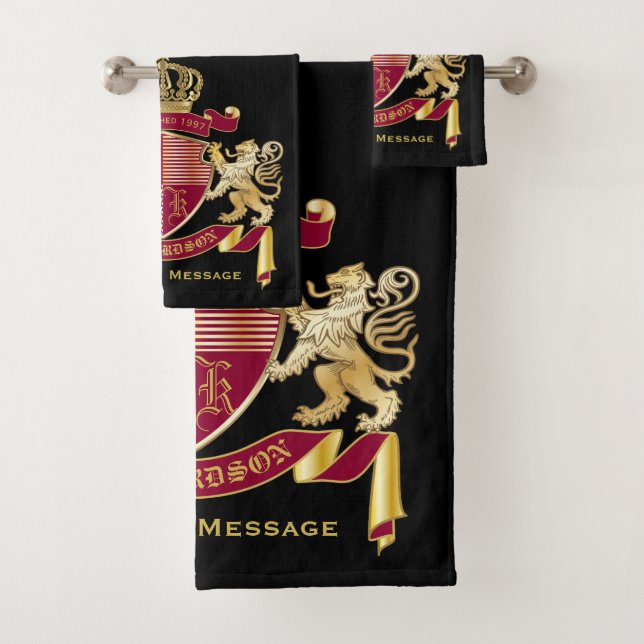 Create Your Own Coat of Arms Red Gold Lion Emblem Bath Towel Set (Insitu)