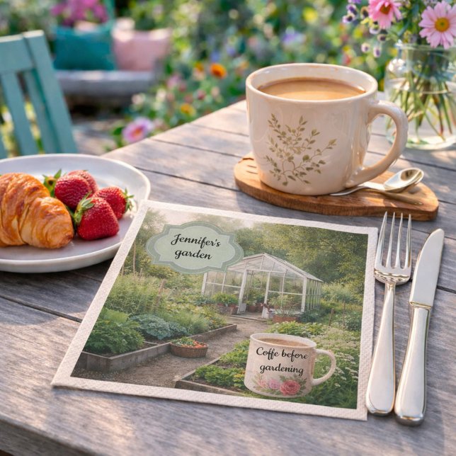 Create your own Coffee before gardening photo Napkin (Create your own Coffee before gardening photo Napkins. You can add your own garden photo and name.)