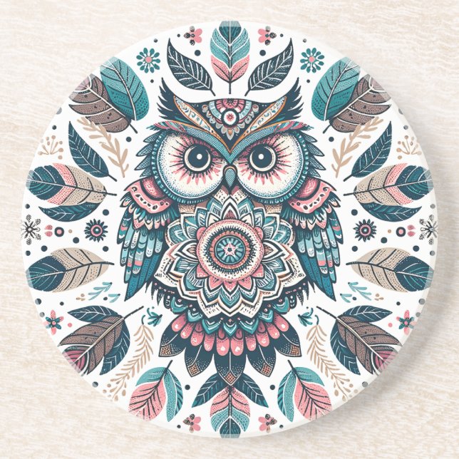 Create Your Own Colourful Boho Totemic Owl Mandala Coaster (Front)