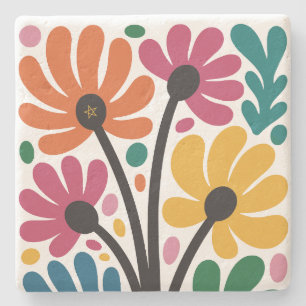 Create Your Own Colourful Retro Whimsical Flowers Stone Coaster