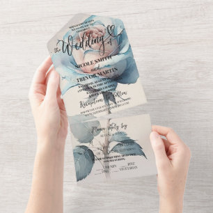 Create Your Own Custom Blue Watercolor Rose All In One Invitation