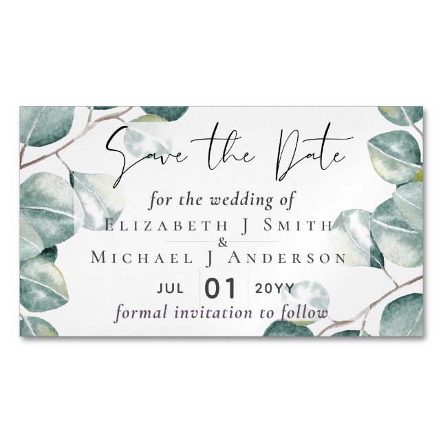 Create Your Own Custom Eucalyptus Greenery Wedding Magnetic Business Card (Front)