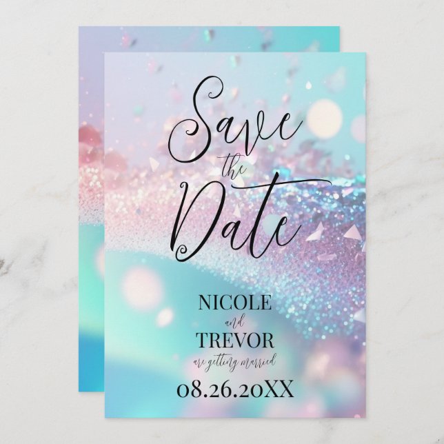 Create Your Own Custom Iridescent Pink & Cyan Save The Date (Front/Back)