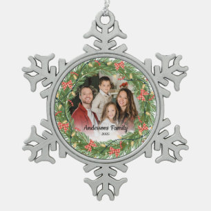 Create Your Own Custom Photo Family Name Year Snowflake Pewter Christmas Ornament