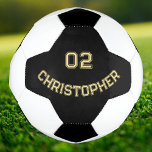 Create Your Own Custom Player Name Jersey Number Soccer Ball<br><div class="desc">Create your own custom, personalised, stylish faux gold typography / script on black background, monogrammed player name and jersey number, hand stitched with care, regulation sized soccer ball / display trophy football. Simply enter the player name and jersey number, to customise. Makes a great gift for birthday, christmas, holidays, new...</div>