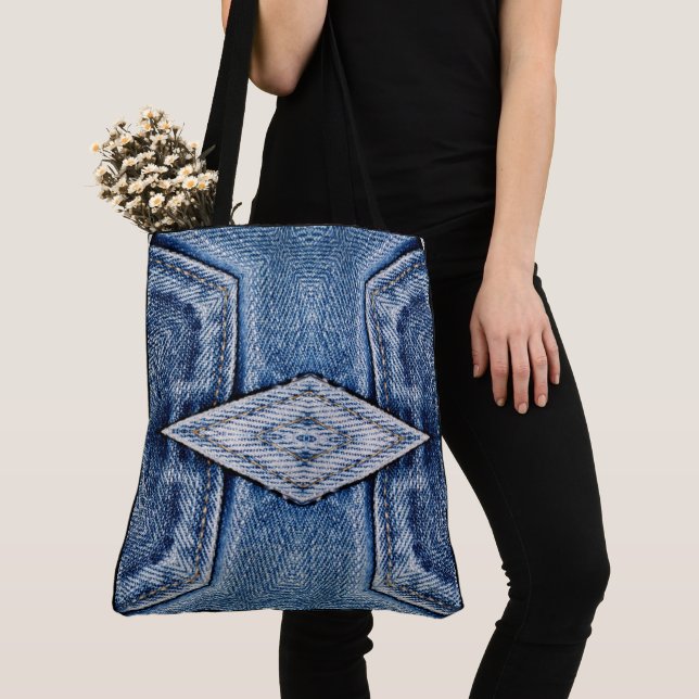 Create Your Own Custom Retro Diamond Denim Print Tote Bag (Close Up)