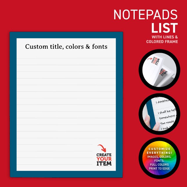 CREATE-YOUR-OWN Custom upload your design lined Notepad (Business & personal custom notepads: upload your own logo, photos or illustrations! Variety of fonts)