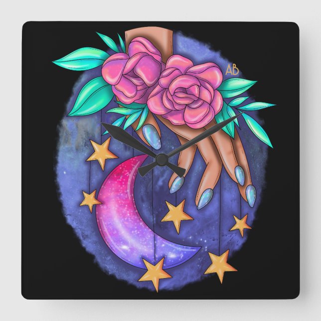 Create Your Own Cute Moon, Stars, Roses Hand Square Wall Clock (Front)