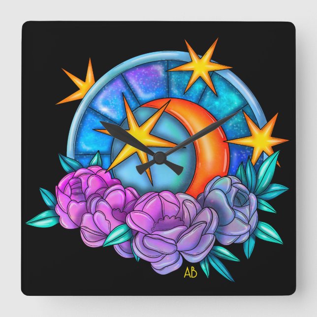 Create Your Own Cute Moon, Stars & Roses Square Wall Clock (Front)