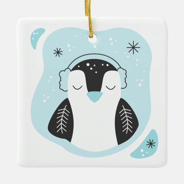 Create Your Own Cute Penguin Blue Christmas Ceramic Ornament (Front)