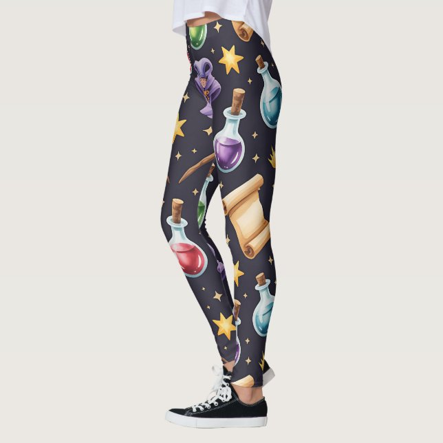 Create Your Own Cute Wizard Potions Scrolls Black Leggings (Left)
