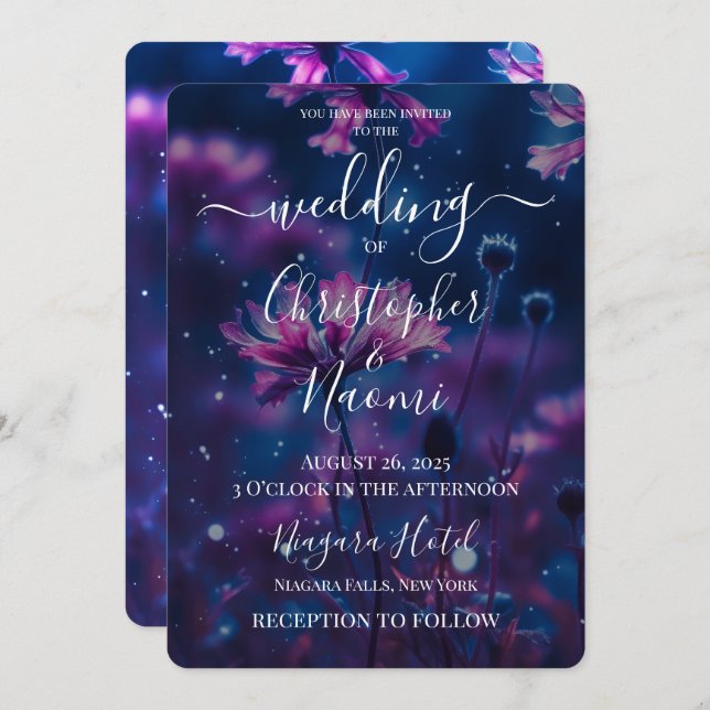 Create Your Own Dark Blue & Pink Flowers Wedding Invitation (Front/Back)