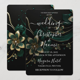 Create Your Own Dark Green & Gold Flowers Cascade Invitation