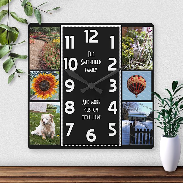 Create Your Own Deco 6 Photo Collage Black-White Square Wall Clock (Creator Uploaded)