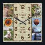 Create Your Own Deco 6 Photo Collage Brown Anchors Square Wall Clock<br><div class="desc">Make your own personalized photo collage clock with this easy template. This square clock with a vintage-nautical feel has dark brown numbers lined up in the middle in a deco-style long rectangle and a beige-brown background that has a light anchor pattern on it. Along the edges, there's room for you...</div>
