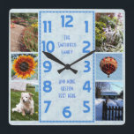 Create Your Own Deco 6 Photo Collage Marbled Blue Square Wall Clock<br><div class="desc">Make your own personalized photo collage clock with this easy template. This square clock has blue numbers lined up in the middle in a deco-style long rectangle and a light blue, slightly marbled background. Along the edges, there's room for you to add six of your own favorite photographs: 4 5x7...</div>