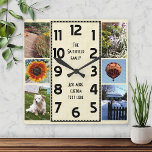 Create Your Own Deco 6 Photo Collage Marbled Square Wall Clock<br><div class="desc">Make your own personalized photo collage clock with this easy template. This square clock has black numbers lined up in the middle in a deco-style long rectangle and a light beige-brown slightly marbled background. Along the edges, there's room for you to add six of your own favorite photographs: 4 5x7...</div>