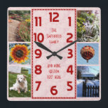 Create Your Own Deco 6 Photo Collage Pink Marbled Square Wall Clock<br><div class="desc">Make your own personalized photo collage clock with this easy template. This square clock has red numbers lined up in the middle in a deco-style long rectangle and a pink, slightly marbled background. Along the edges, there's room for you to add six of your own favorite photographs: 4 5x7 and...</div>