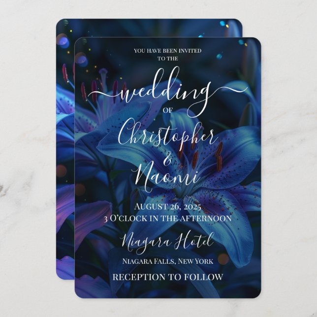 Create Your Own Deep Blue Lily Wedding Invitation (Front/Back)