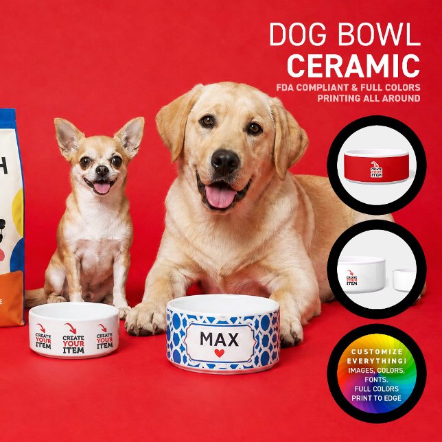 CREATE-YOUR-OWN DIY Custom upload your design Dog Bowl (Create and print your personalized dog and cat water & food bowl, full colors. Design all online!)