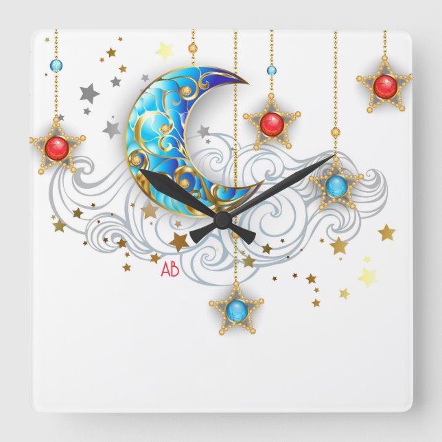 Create Your Own Elegant Moon and Stars Square Wall Clock (Front)