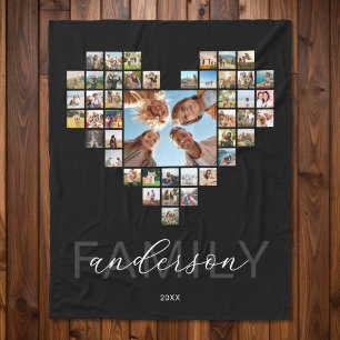 Create Your Own Family Heart Shaped Photo Collage Fleece Blanket