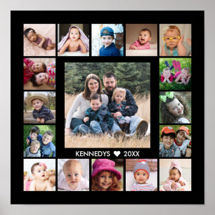 Create Your Own Family Name 17 Photo Collage Black Poster