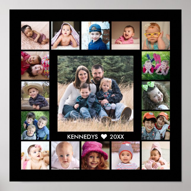 Create Your Own Family Name 17 Photo Collage Black Poster (Front)