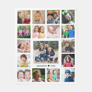 Create Your Own Family Name 17 Photo Collage White Fleece Blanket